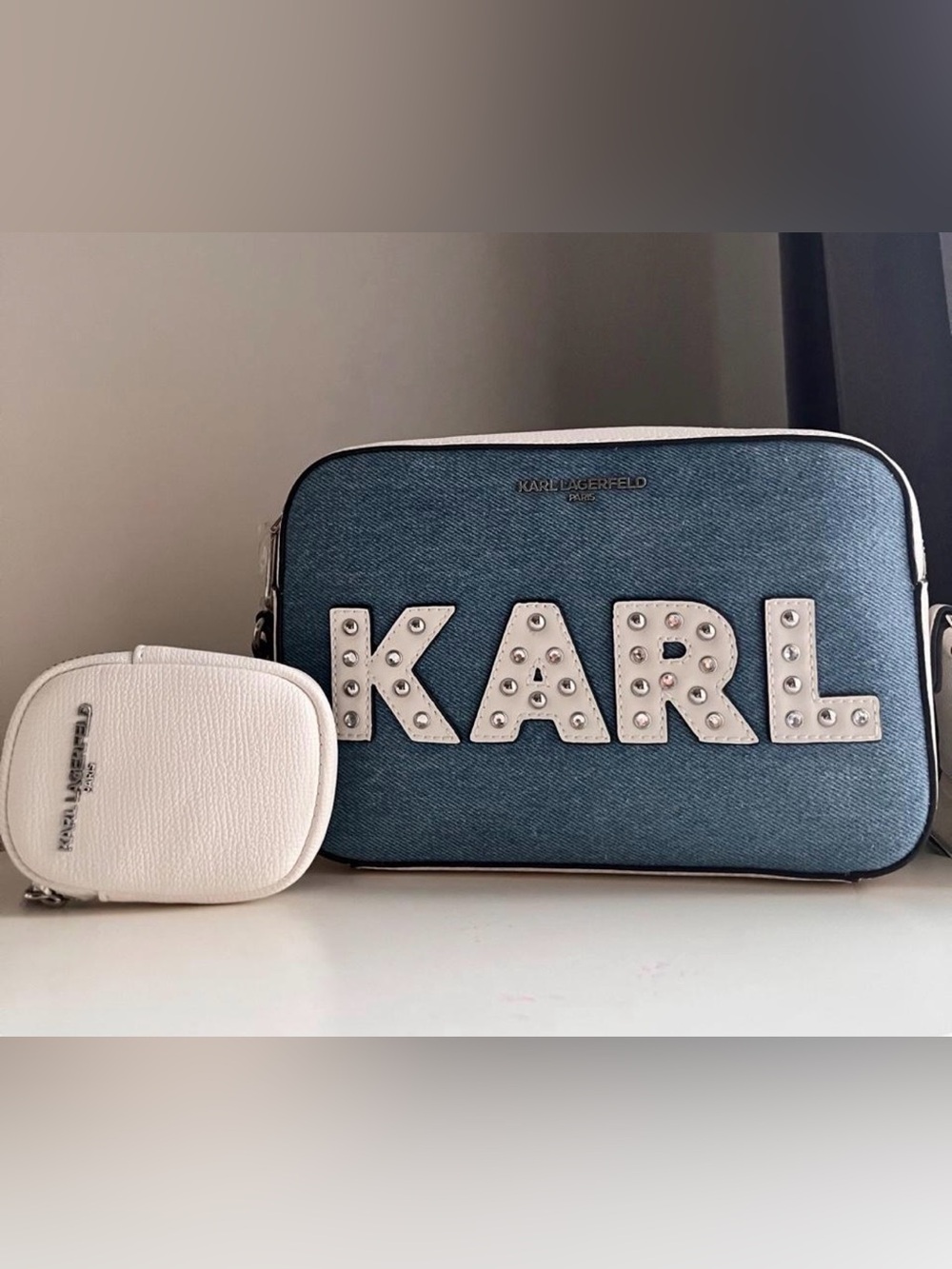 Karl Lagerfeld Blue Denim 'KARL' Studded Crossbody Bag with White Pouch NWOT
